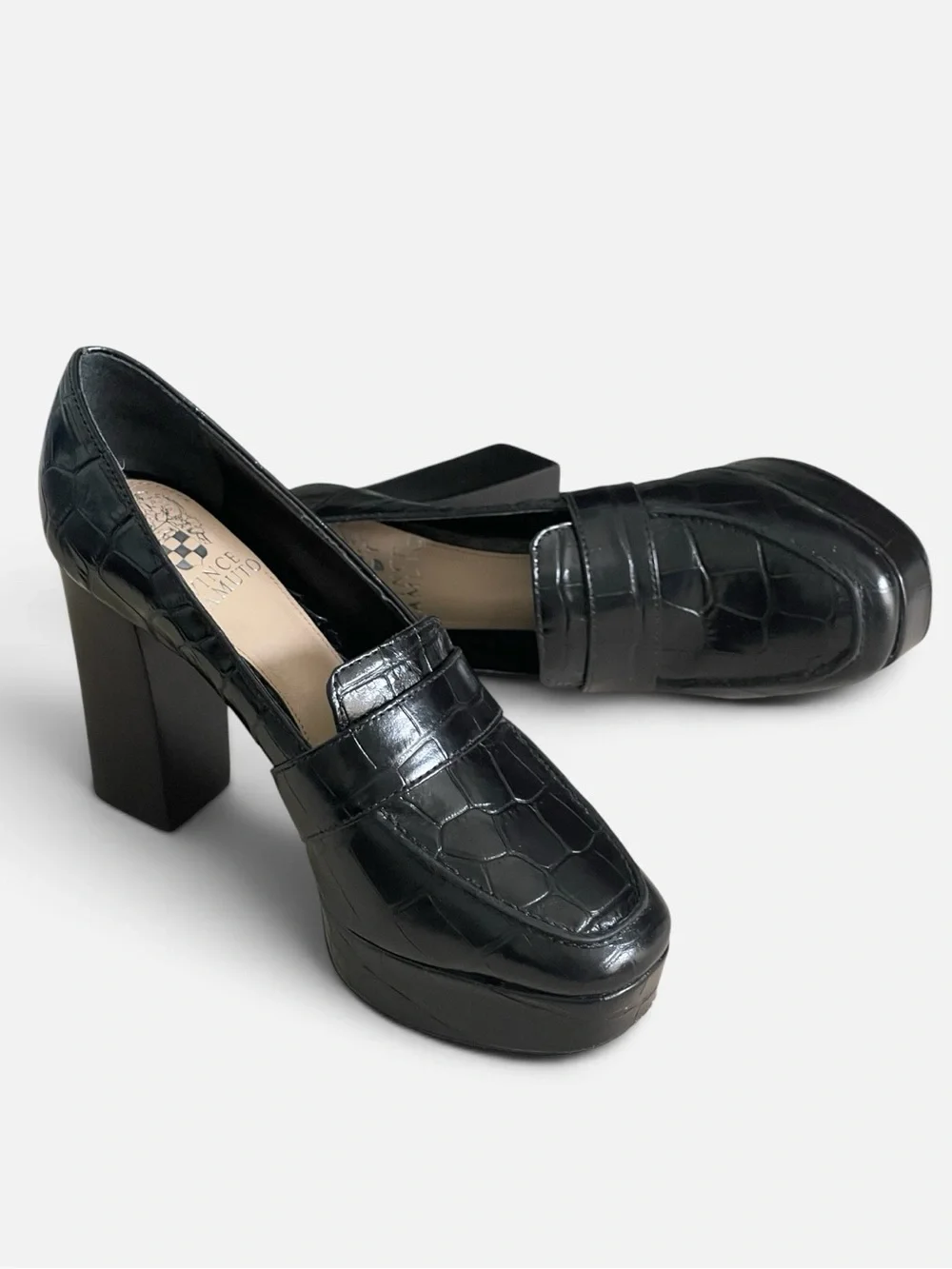 Vince Camuto Medrana Black Croc-Embossed Leather Platform Sz 6 High Chunky Heel
